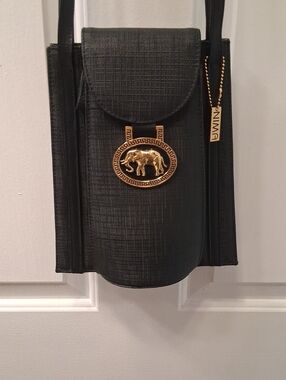 NIMA Black Crossbody Bag with Gold Elephant Medallion